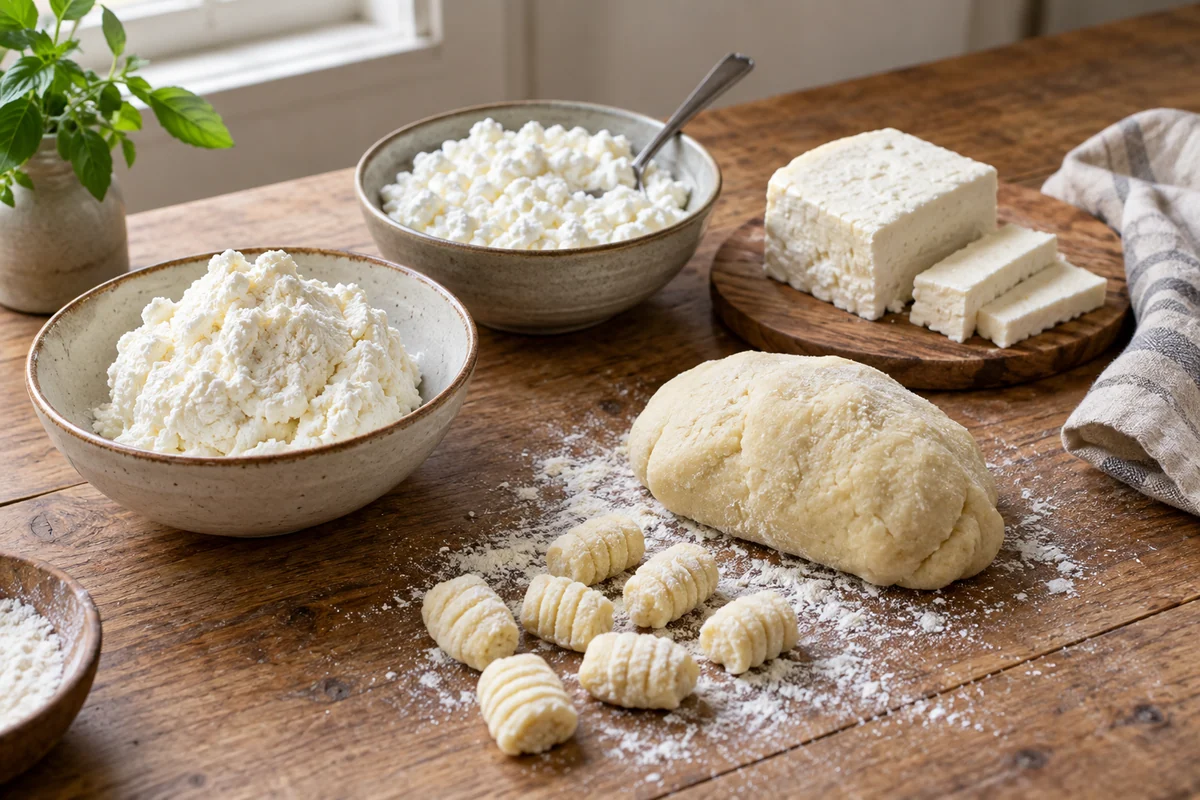 A quiet fresh-cheese still life with ricotta in a small bowl, cottage cheese in another bowl, a piece of paneer, and a small amount of pale gnocchi dough on a wooden work surface.