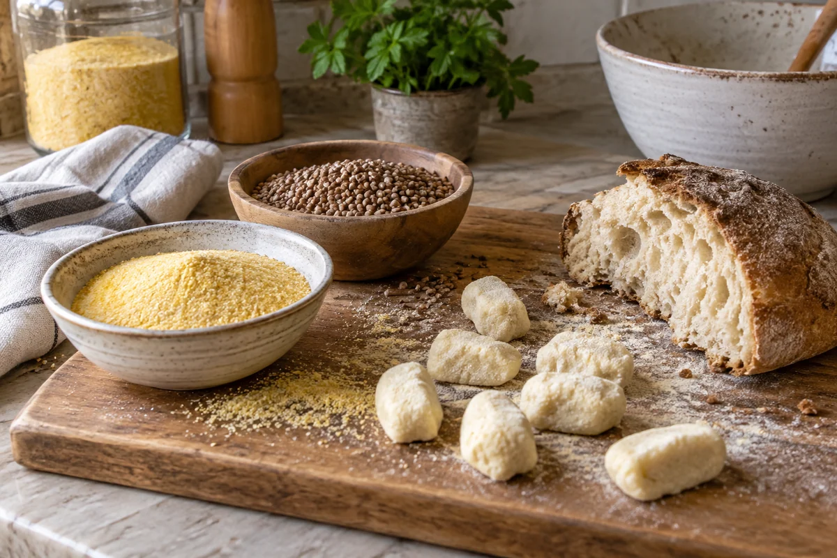 Separate small bowls of golden cornmeal and brown buckwheat groats with a torn rustic bread heel and a few dough pieces on a kitchen board.