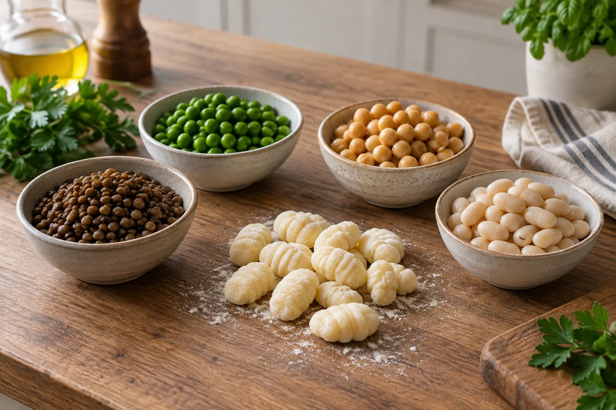 Small separate ceramic bowls of cooked lentils, green peas, chickpeas and white beans surrounding a small cluster of pale gnocchi dough pieces on a wooden kitchen worktop.