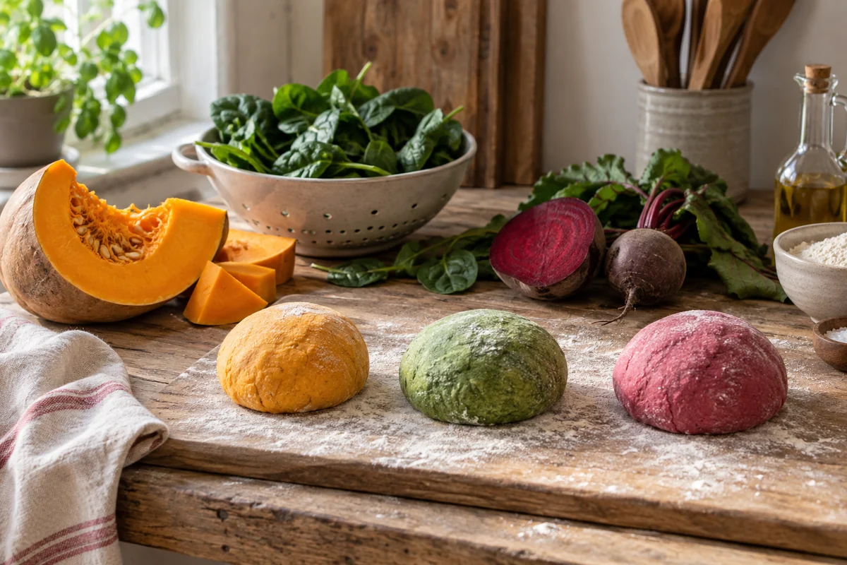 A rustic kitchen arrangement of cut orange squash, dark green spinach leaves, a cut beet and three separate small mounds of orange, green and pink gnocchi dough.