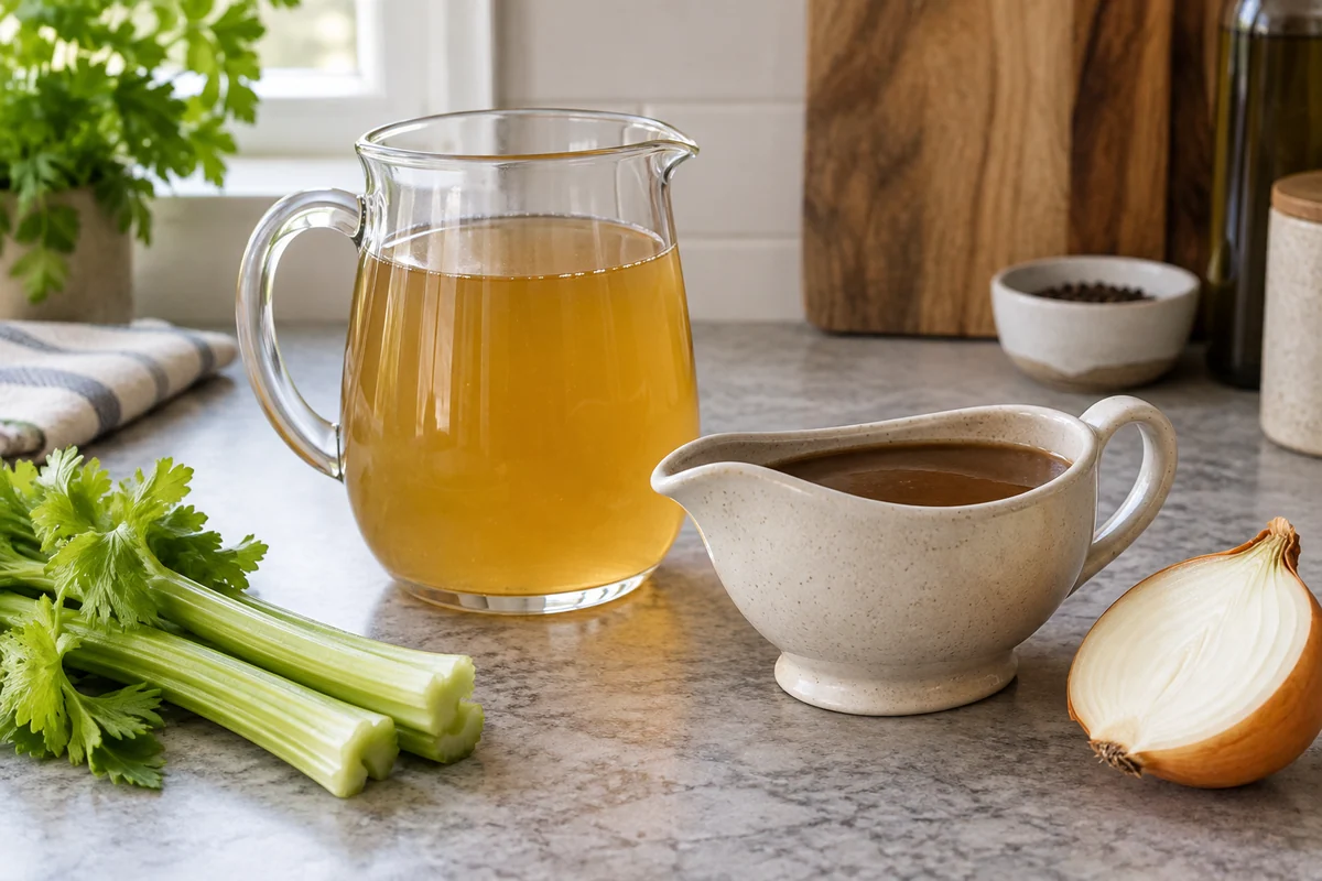 A clear glass pitcher of golden broth beside a small ceramic gravy boat of rich brown gravy, celery and an onion half on a quiet kitchen counter.