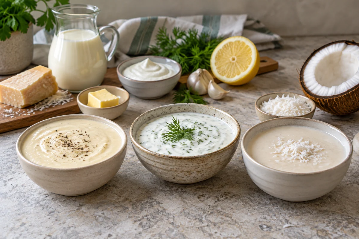 Three small ceramic bowls with ivory cream sauce, white tangy yogurt sauce and pale coconut sauce, next to modest dairy and coconut ingredients.