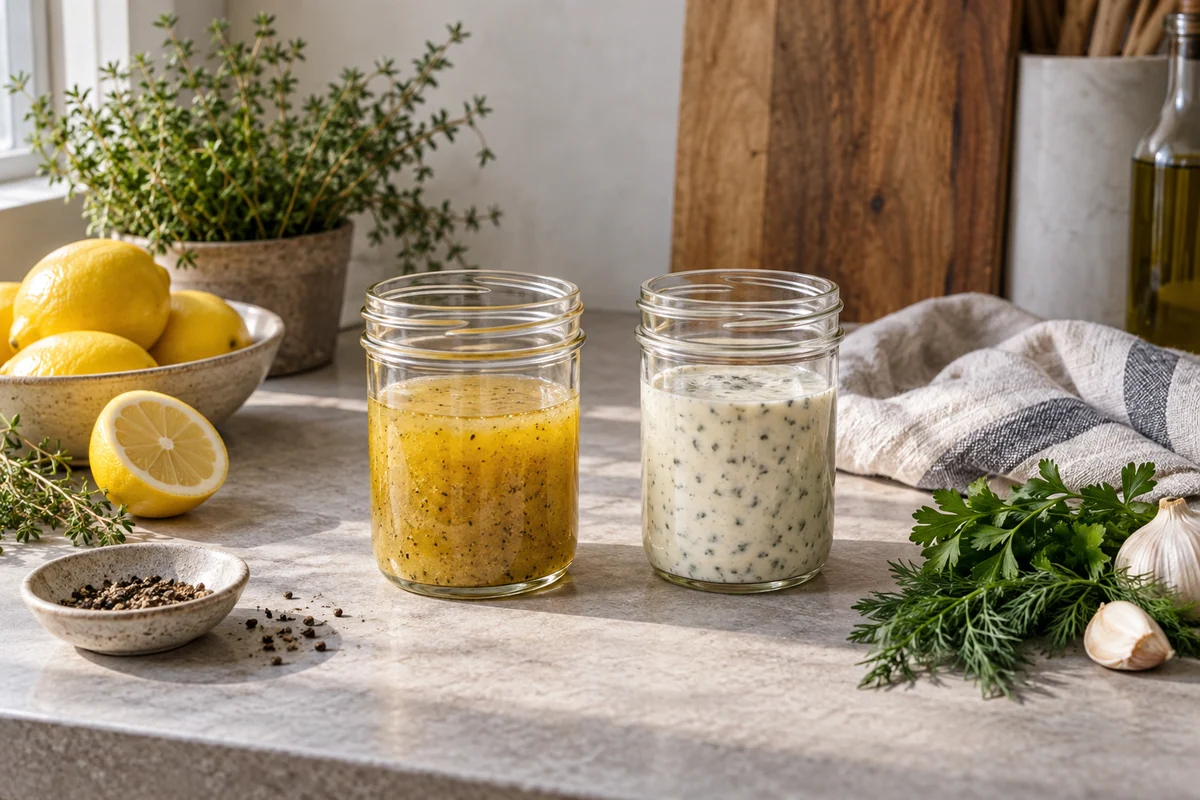 Two modest unlabeled glass jars standing on a kitchen counter, one golden vinaigrette and one ivory herb dressing, a lemon and herb sprigs nearby.