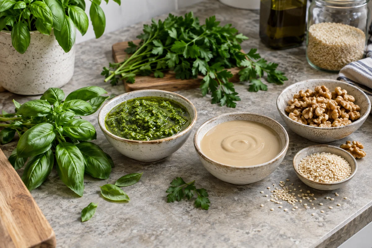 Fresh basil, parsley, walnuts and sesame seeds arranged around small separate bowls of green pesto and beige tahini sauce on a kitchen worktop.