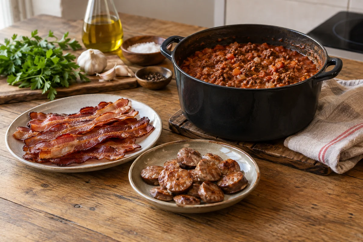 A restrained home-kitchen mise en place of cooked beef ragù in a small pot, several bacon strips on a separate dish and a few cooked sausage slices on another.