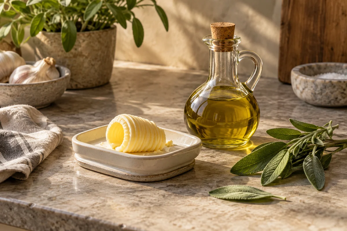 A butter curl on a ceramic butter dish, olive oil in a small glass cruet and fresh sage on a stone kitchen counter.
