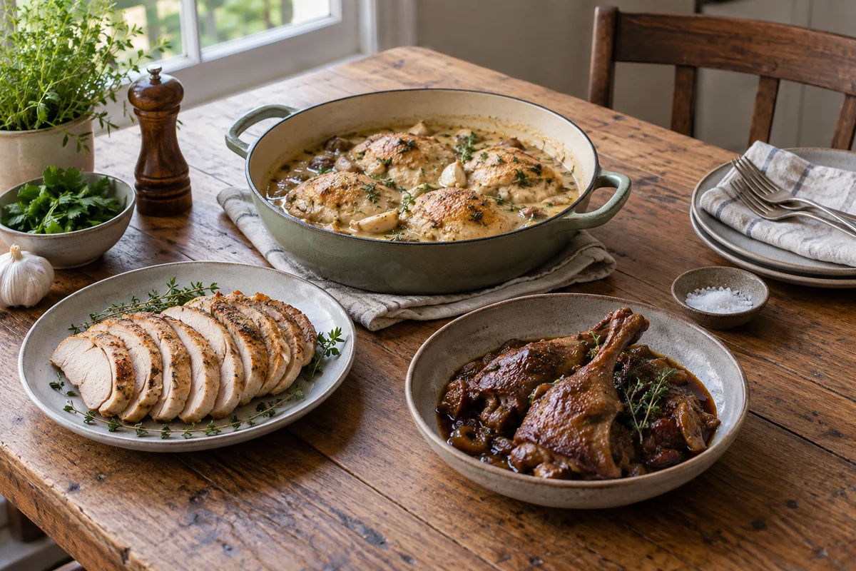 A modest shallow pot of chicken in light sauce and two small dishes with sliced roast turkey and braised duck, separate and realistically portioned on a wooden kitchen table.
