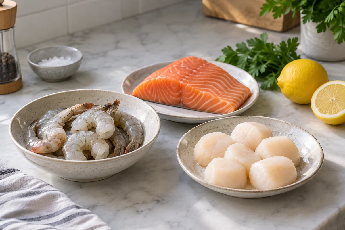 A seafood ingredient portrait on a pale kitchen counter: separate small ceramic dishes holding raw shrimp, a salmon fillet and raw scallops, with a lemon and parsley.