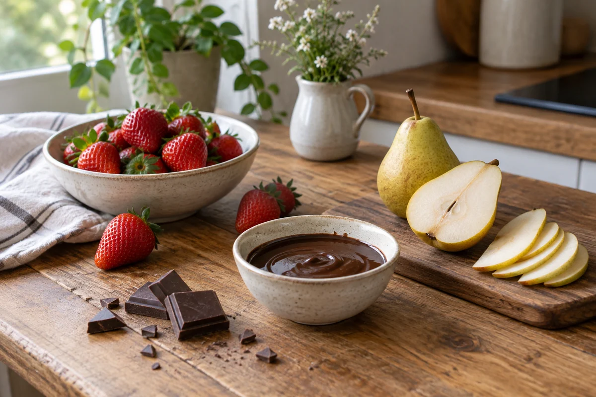 Fresh strawberries, sliced pear, a few dark chocolate pieces and a small dish of melted chocolate arranged on a warm kitchen table.