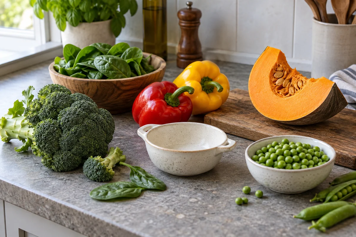 Seasonal vegetables arranged naturally on a kitchen worktop: green broccoli, ripe peppers, leafy spinach, peas and an orange squash wedge, with one small empty cream serving dish.