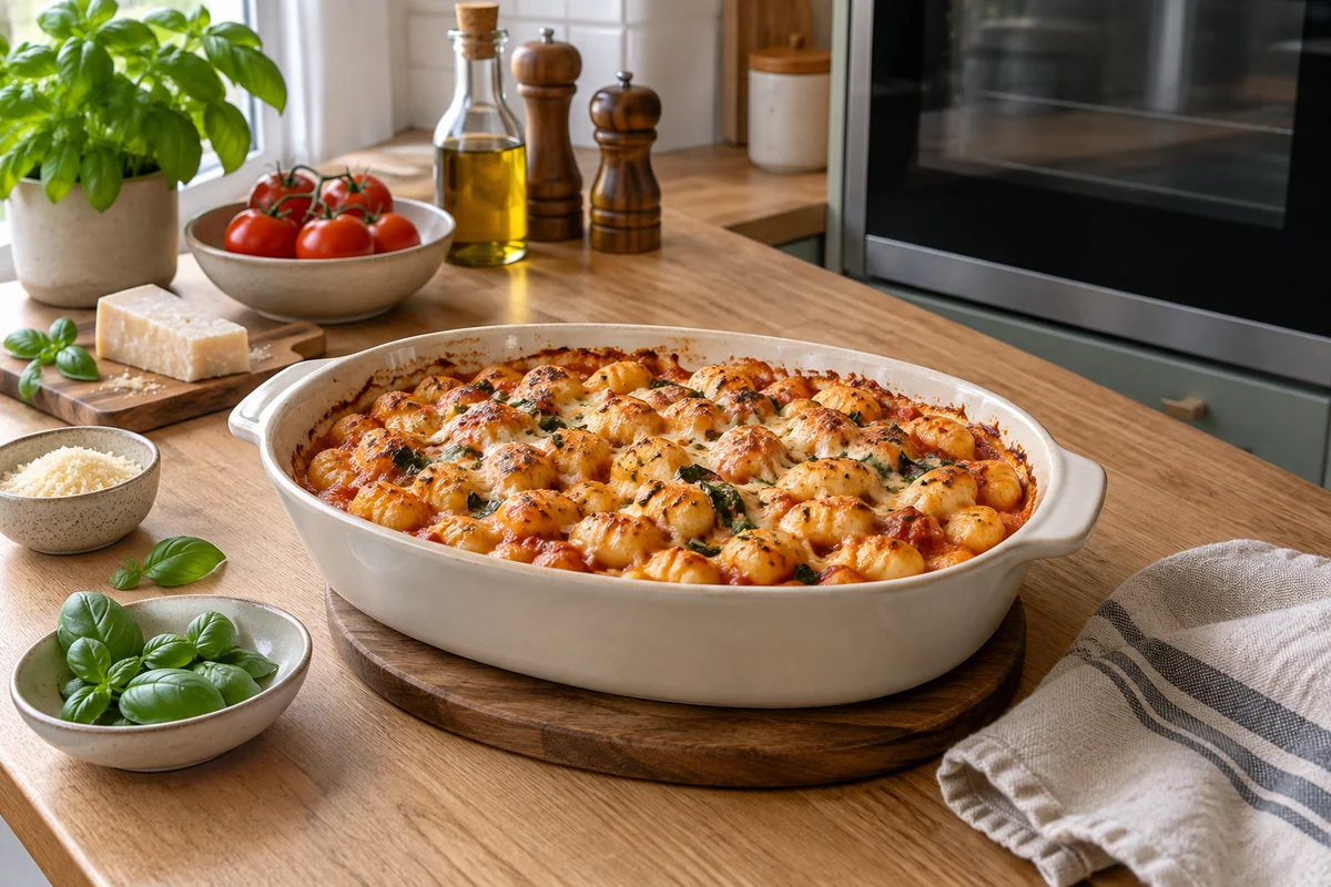A complete ceramic baking dish of golden baked gnocchi resting on a wooden trivet near a closed electric oven, linen towel alongside.