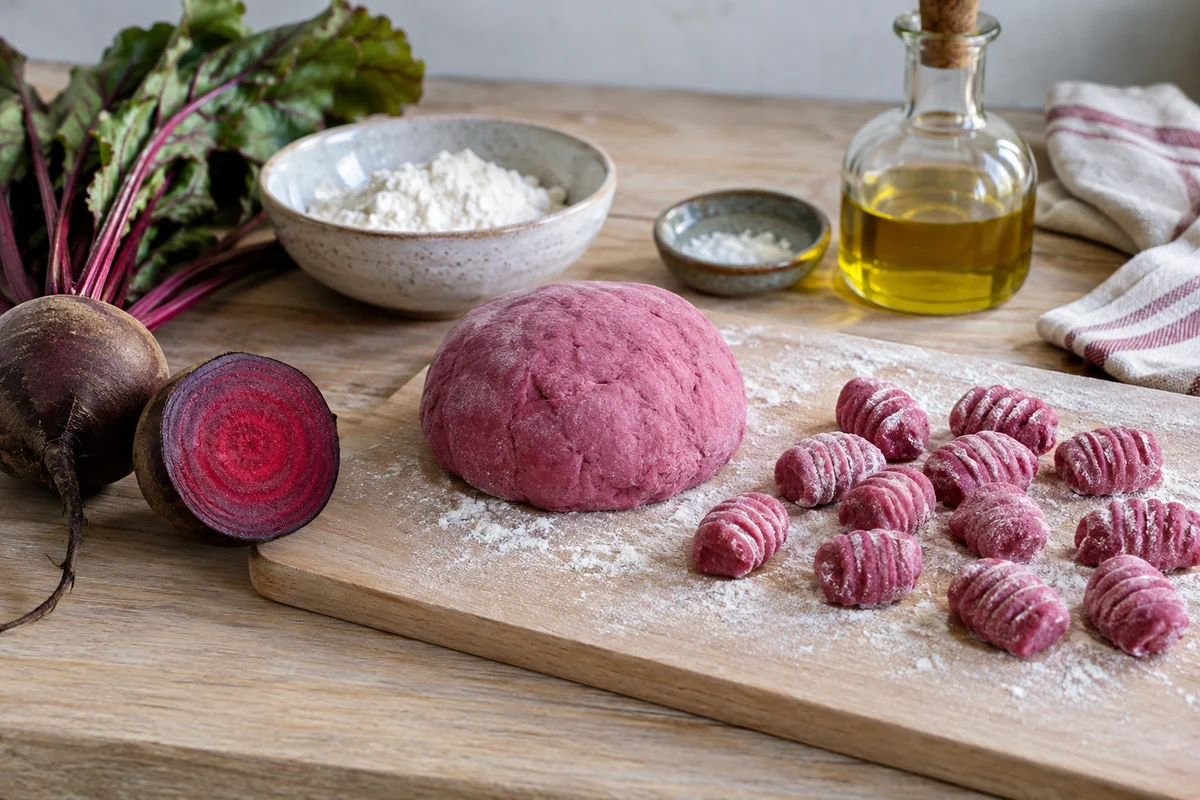 A cut cooked red beet exposing its concentric color beside soft muted magenta gnocchi dough and a few magenta dumplings on a pale wooden board, stained fingertips are not shown, no people.