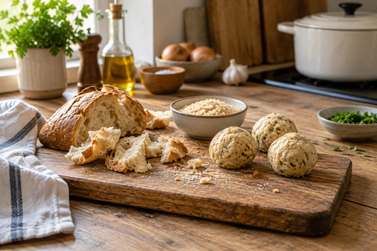Torn day-old rustic bread, a small bowl of bread crumbs and a few round pale bread dumplings on a wooden kitchen board.