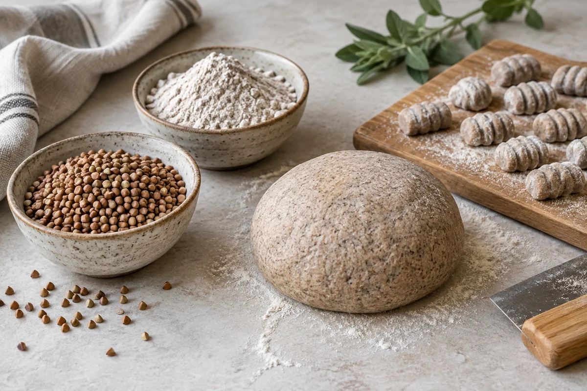 A small bowl of buckwheat groats and another of gray-beige buckwheat flour beside speckled brown-gray gnocchi dough.
