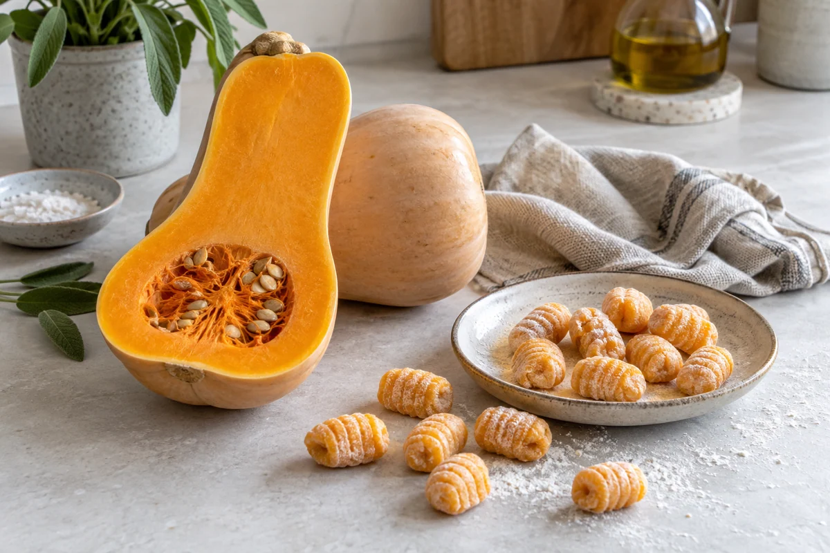 A butternut squash cut lengthwise, its small seed cavity visible, alongside a few orange uncooked gnocchi and a folded oatmeal linen cloth on a pale kitchen counter.