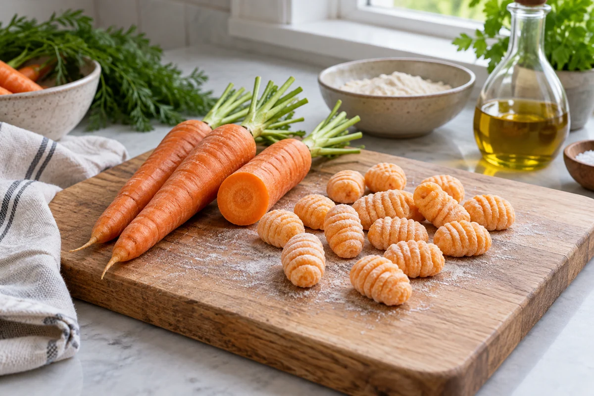 A few carrots with short green tops, one carrot cut to show its orange center, and several pale-orange uncooked gnocchi on a simple kitchen board.