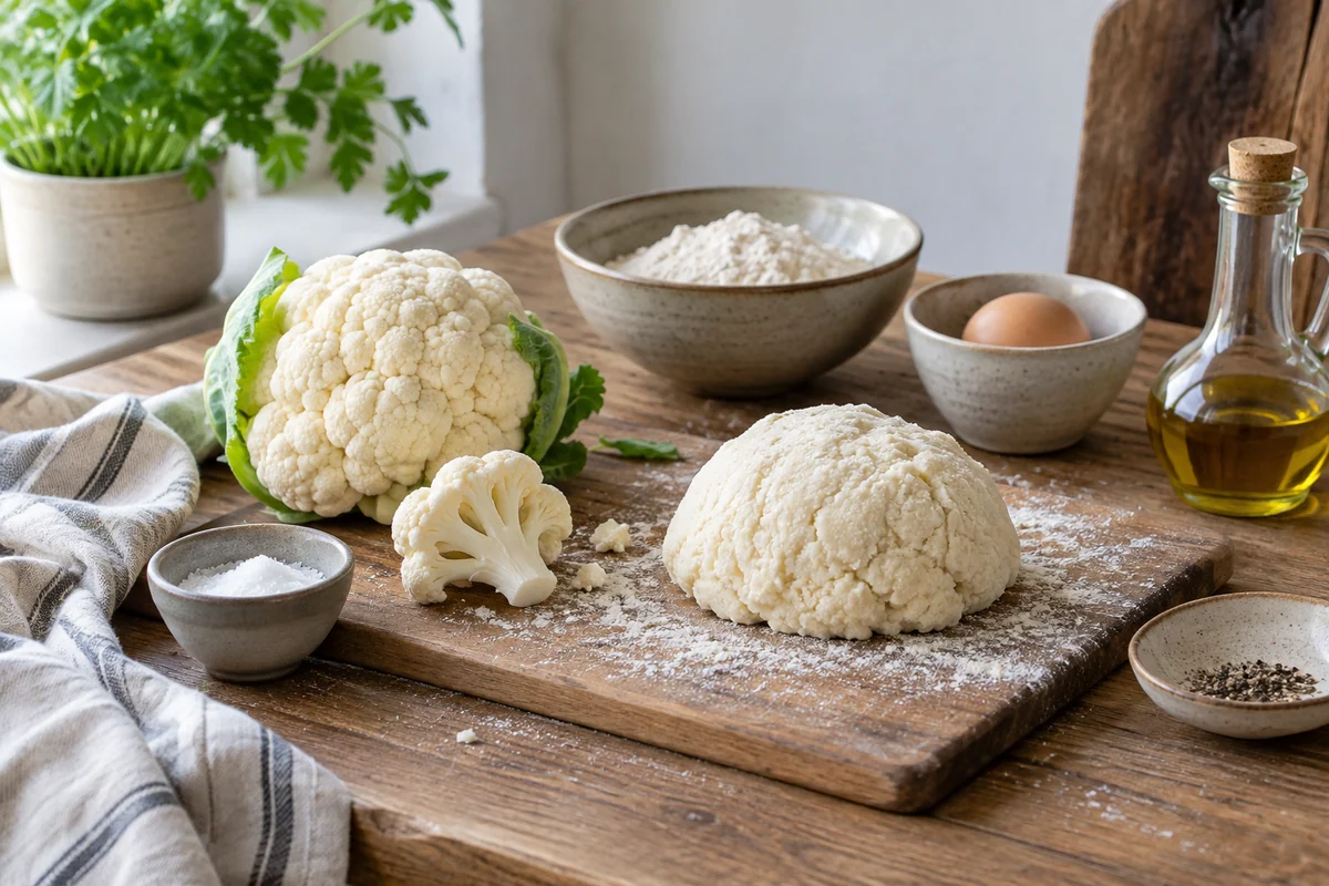 A small white cauliflower head, a cut floret and a small mound of pale cauliflower gnocchi dough on a wooden surface, soft ivory palette and subtle flour dust.