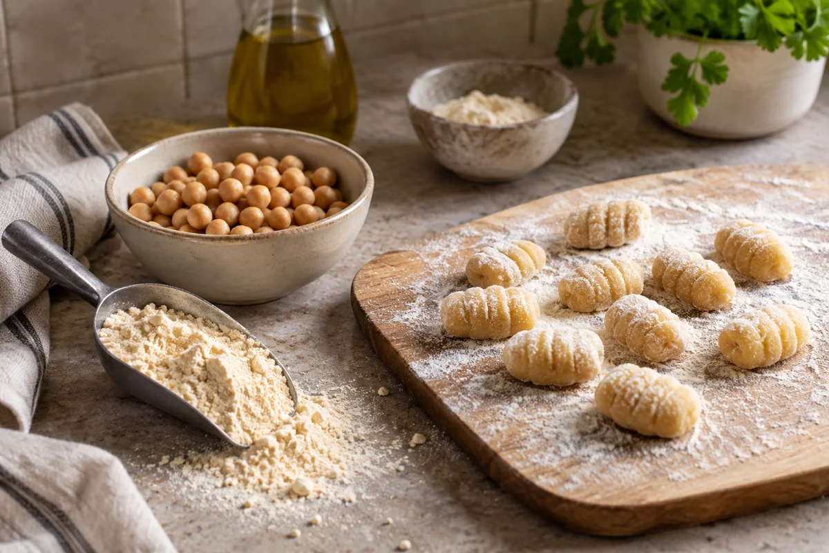 A small bowl of chickpeas, a scoop of pale chickpea flour resting on the surface and a few golden-beige uncooked gnocchi on a floured board.