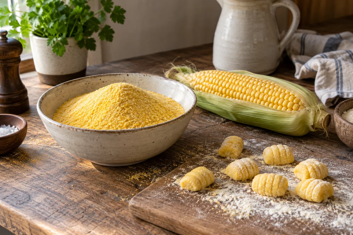 Golden coarse cornmeal in a ceramic bowl, an ear of corn and a few yellow cornmeal gnocchi on a lightly floured wooden board.