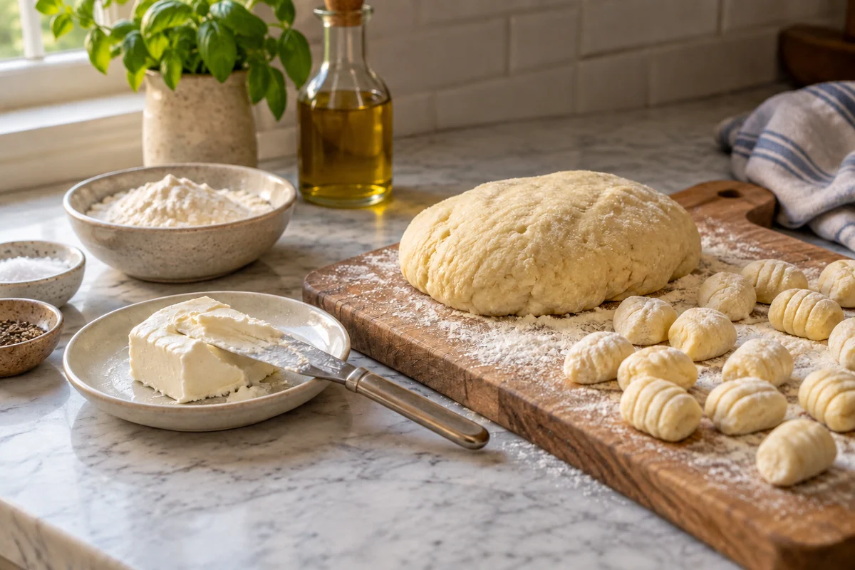 Plain cream cheese and pale gnocchi dough on a wooden board in a sunlit kitchen.