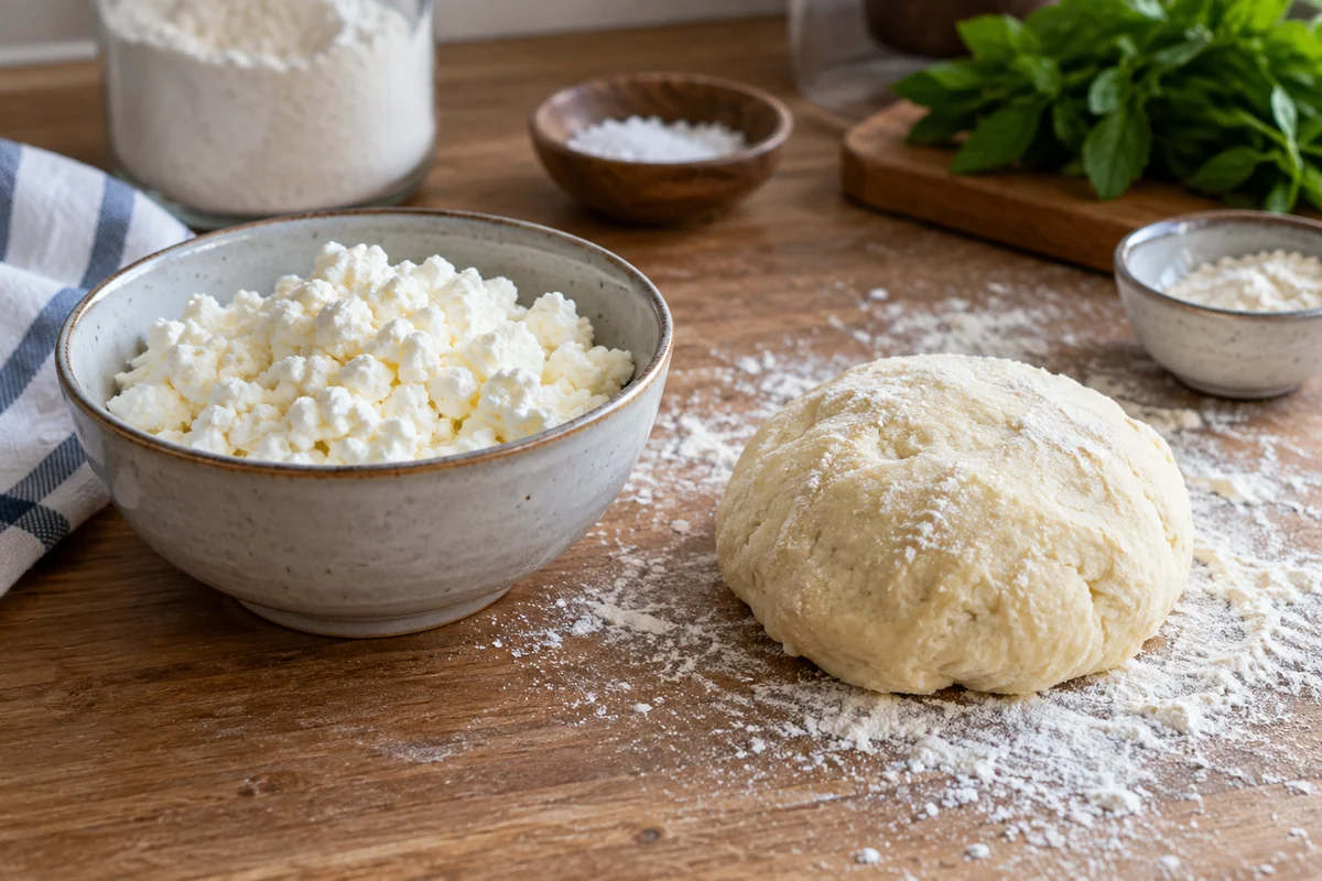 A ceramic bowl of clearly visible small cottage-cheese curds alongside a second small mound of smooth fresh-cheese gnocchi dough on a floured wooden worktop.