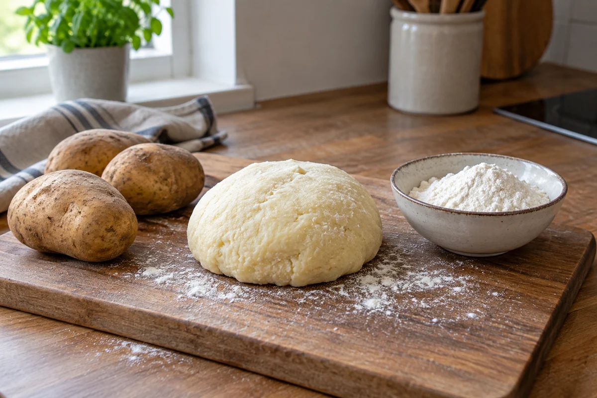 A few russet potatoes, white flour in a small bowl and a soft pale gnocchi dough mound on a wooden kitchen board.