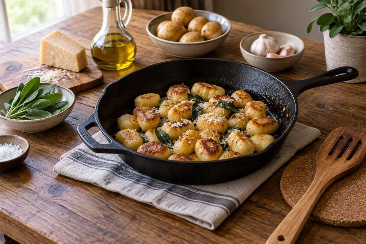 A full cast-iron skillet of a modest number of golden pan-fried gnocchi, distinct crisp browned surfaces visible, wooden turner resting beside the skillet on a cork trivet.