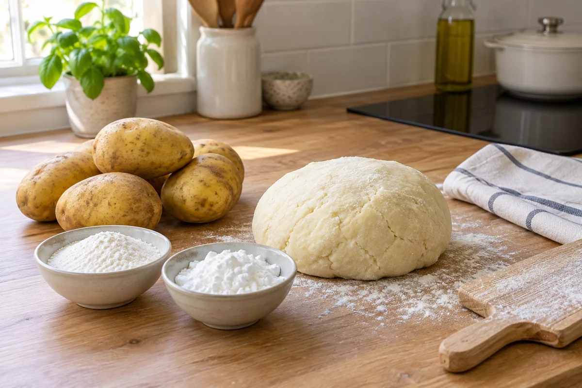 Potatoes with small unlabeled bowls of rice flour and potato starch beside pale gnocchi dough on a clean wooden worktop.
