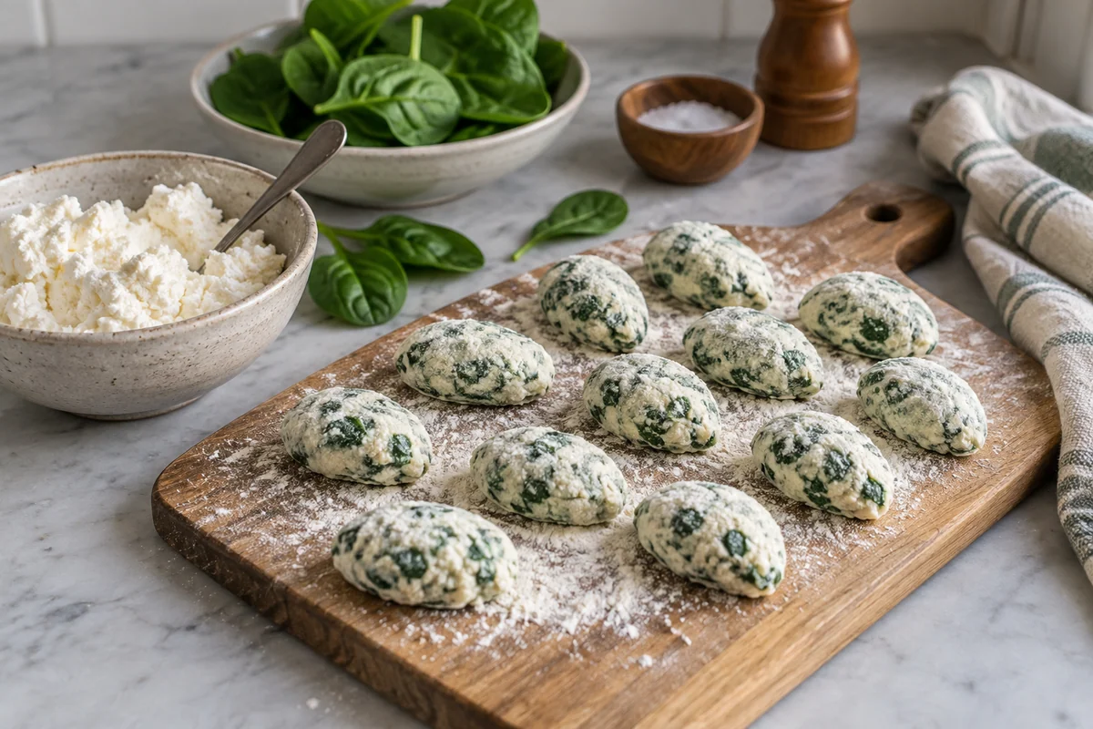 Soft irregular oval spinach-and-ricotta gnudi lightly dusted with flour on a wooden board, with a small bowl of ricotta and a few spinach leaves nearby.