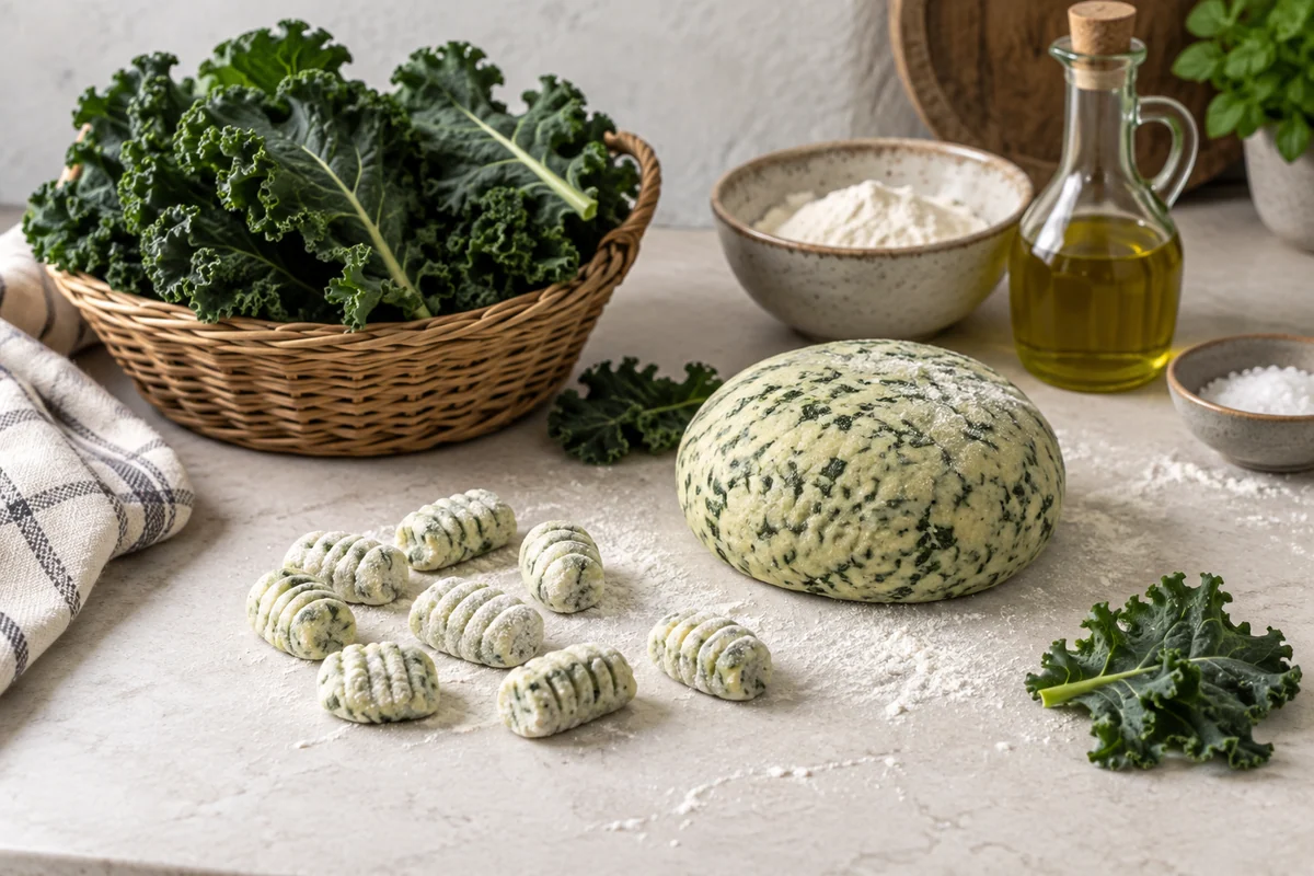 Dark curly kale leaves in a small basket next to green-speckled gnocchi dough and a few uncooked dumplings, pale stone worktop, soft side light.