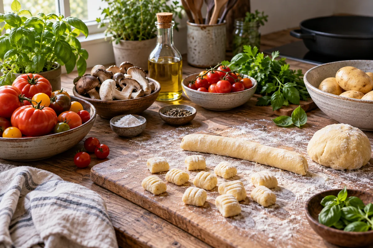 A colorful assortment of fresh tomatoes, herbs, mushrooms and potato gnocchi dough on a rustic kitchen worktop, strictly plant-based ingredients, warm natural light.
