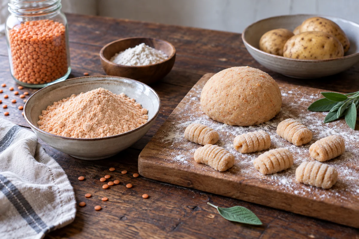 Red lentil flour, dry split red lentils and warm beige potato gnocchi dough on a wooden counter.