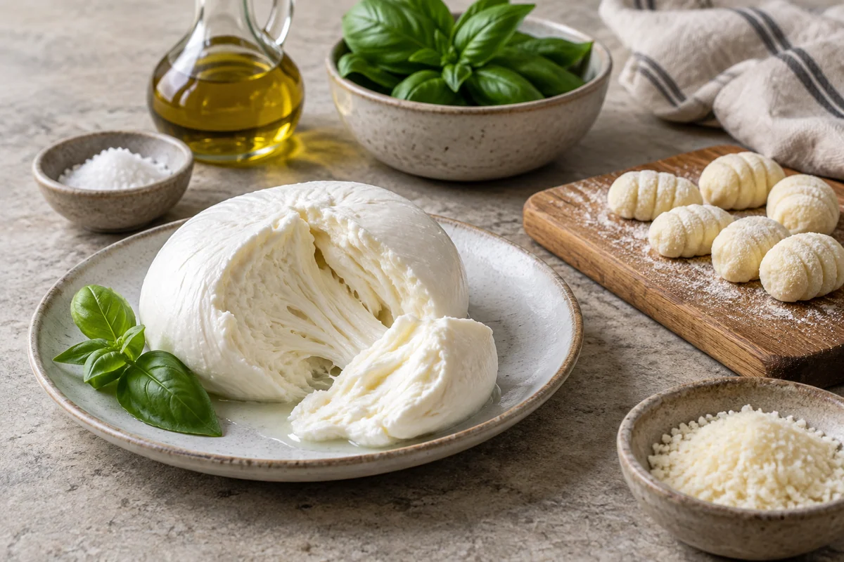 Fresh white mozzarella torn to reveal delicate fibers, with a few pale uncooked dough dumplings on a small separate board.