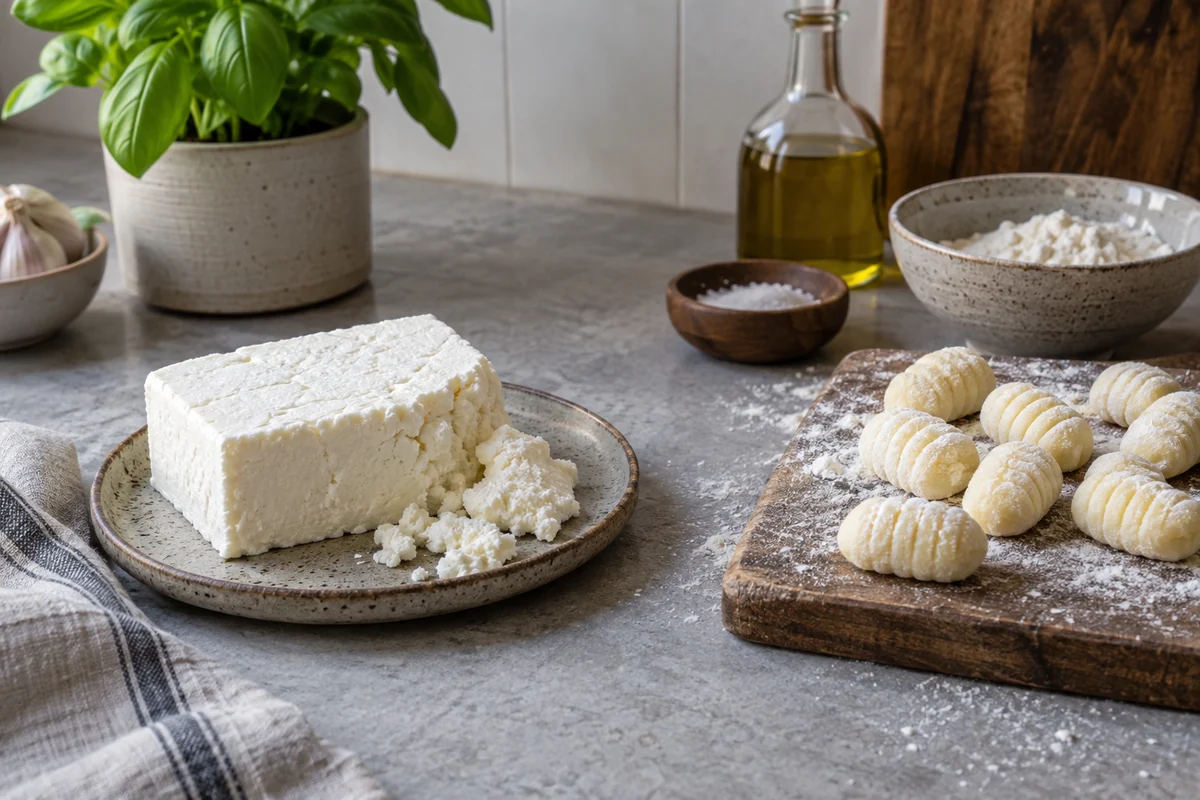 One block of fresh crumbly white paneer with a broken corner on a stoneware saucer and a few soft off-white uncooked gnocchi on a separate small flour-dusted board, understated contemporary kitchen.