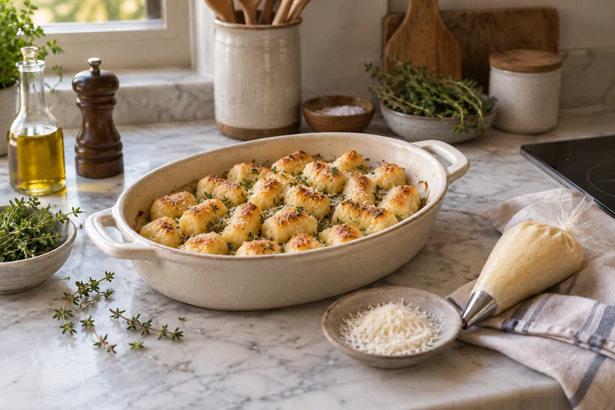Smooth Parisian choux gnocchi in a ceramic gratin dish beside a resting piping bag.