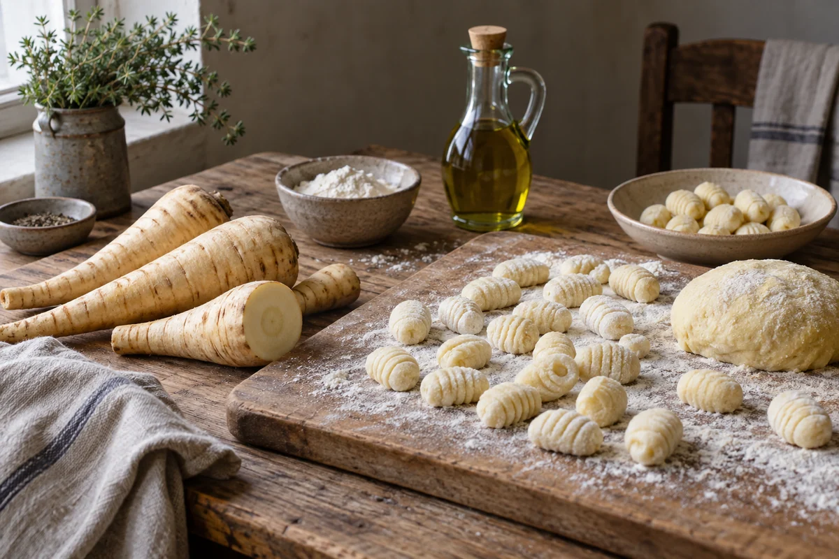 Cream-colored parsnips with one cut piece showing the pale center, a small dough mound and ivory uncooked gnocchi on a flour-dusted board.