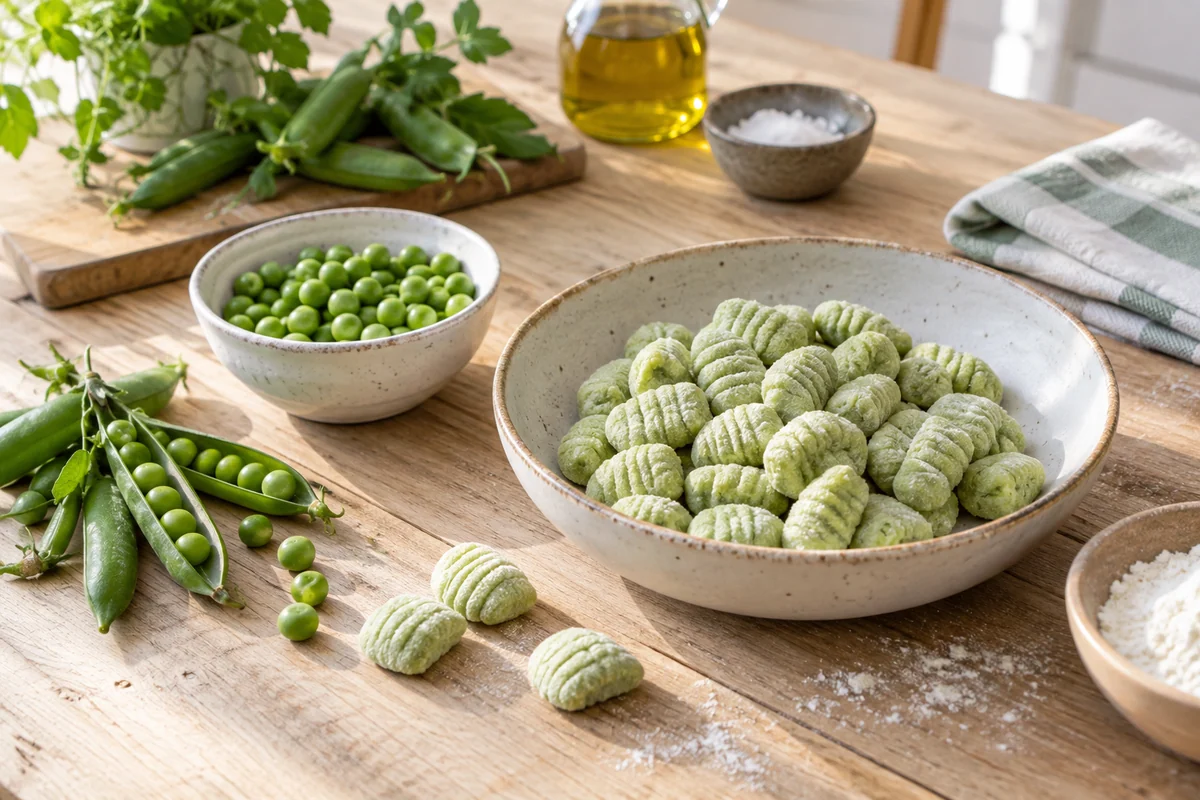 Fresh peas in a few open pea pods alongside a small bowl of shelled peas and pale-green uncooked gnocchi on a light wooden worktop, spring daylight.