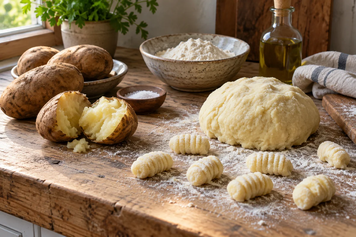 Rustic brown-skinned potatoes, one cooked potato broken open to reveal fluffy pale flesh, a mound of soft pale gnocchi dough and several small uncooked ridged gnocchi on an old maple workbench.