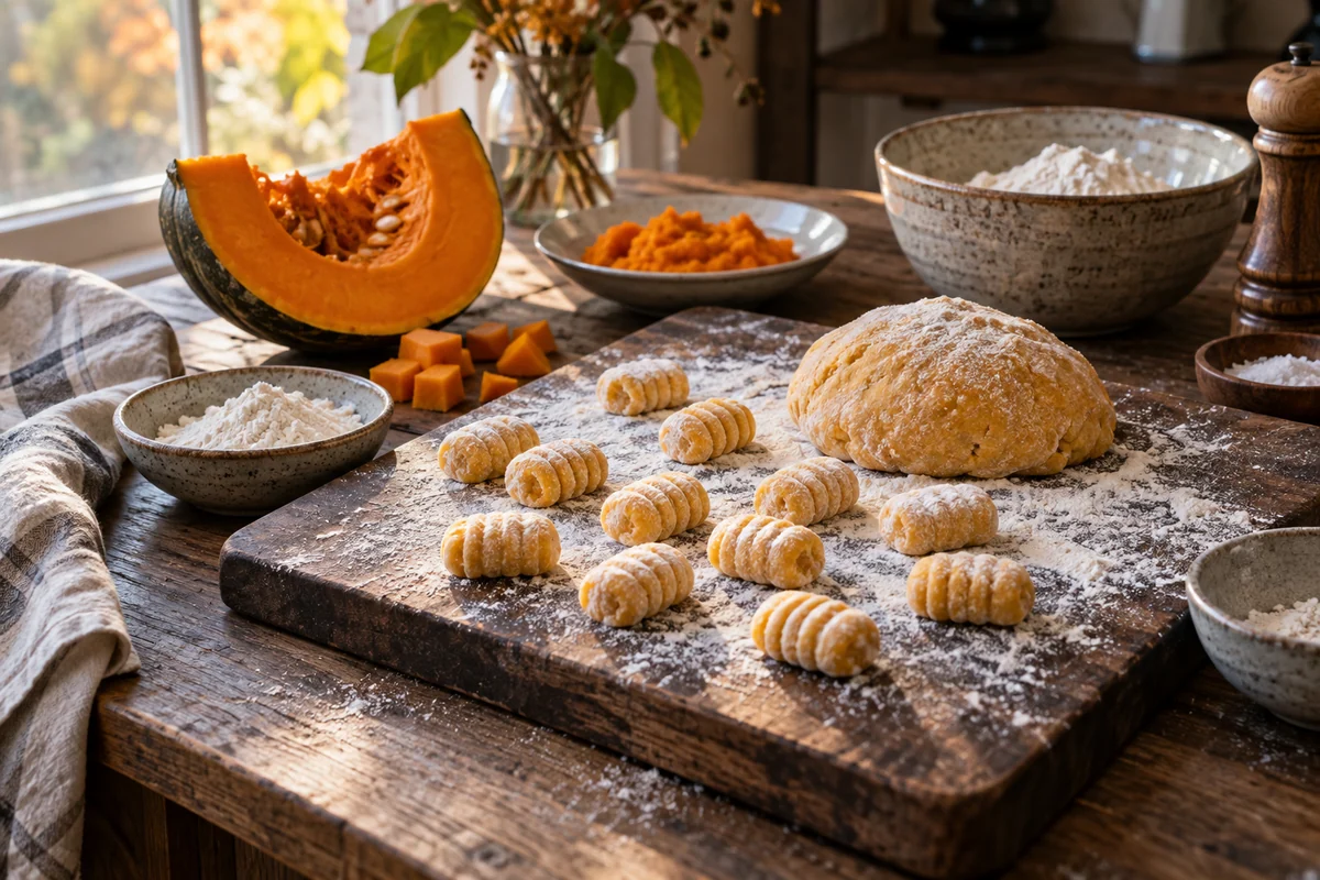 A wedge of firm orange cooking pumpkin with dark rind and a small mound of muted orange pumpkin gnocchi dough, several uncooked gnocchi, on a flour-dusted dark wooden board.