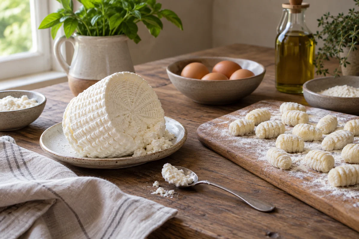 A fresh ricotta cheese basket tipped onto a small ceramic saucer with the cheese retaining its woven basket texture, a teaspoon of loose curds, and a modest cluster of pale uncooked ricotta gnocchi on a nearby floured wooden board.