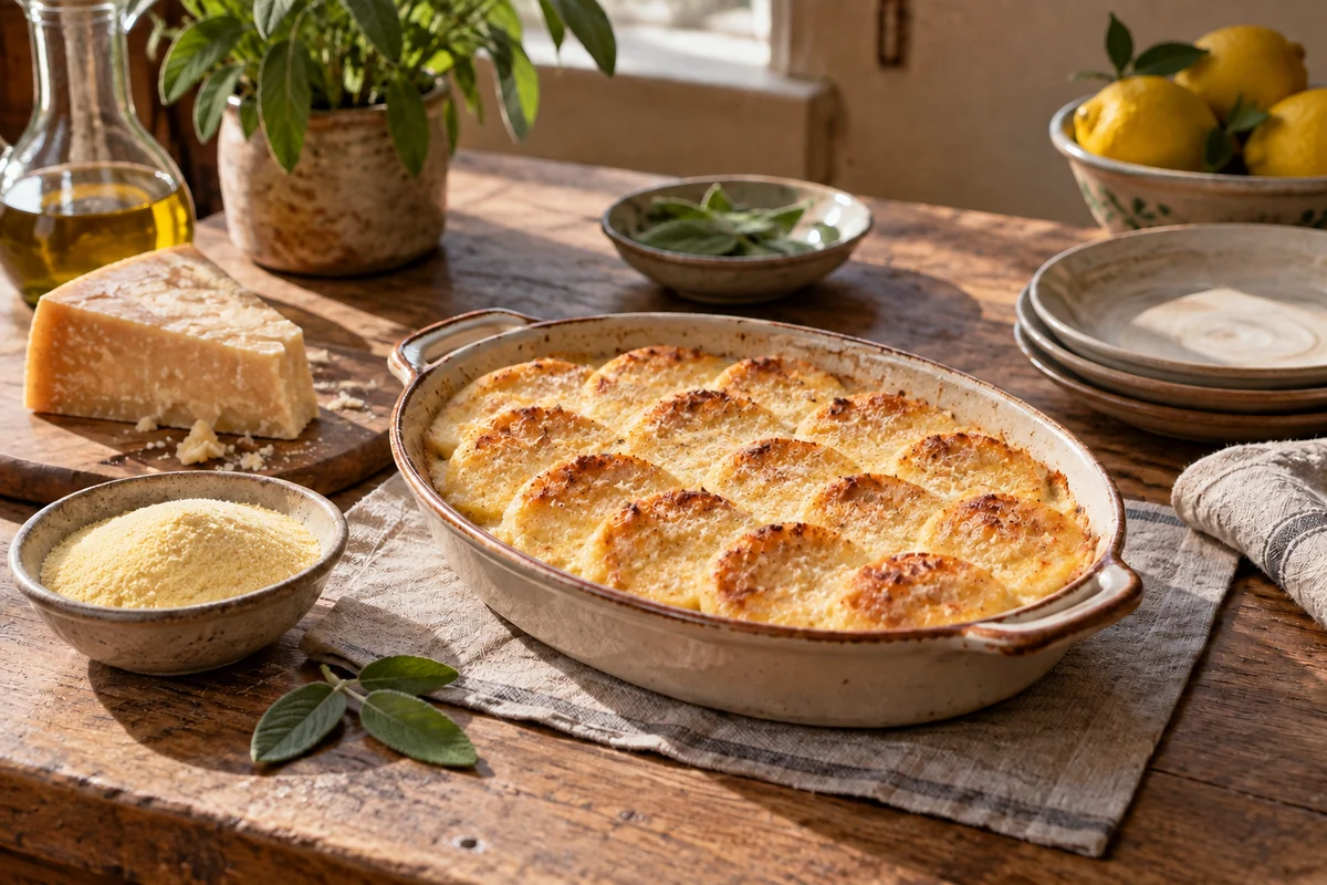 Overlapping baked semolina rounds in an oval dish, with semolina and aged cheese nearby.