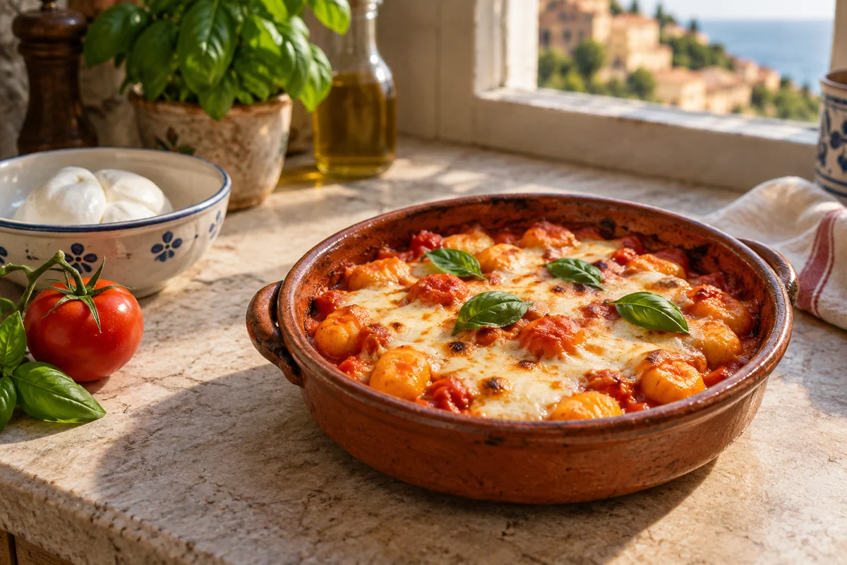 A small terracotta baking dish of potato gnocchi with tomato, melted mozzarella and basil beside ripe tomato and fresh mozzarella on a sunlit pale stone kitchen counter.