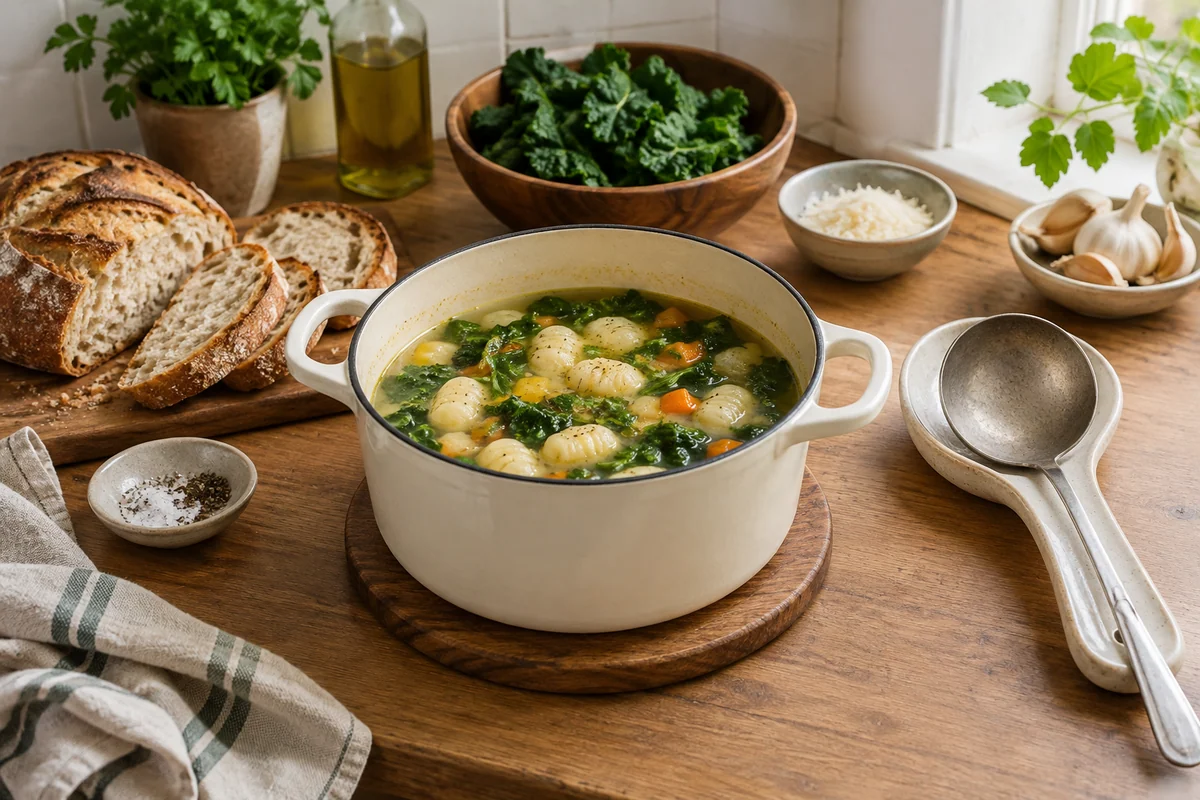 A small cream enameled soup pot holding vegetable broth with a few visible gnocchi and leafy greens, a ladle resting in a spoon rest next to it, crusty bread in background.