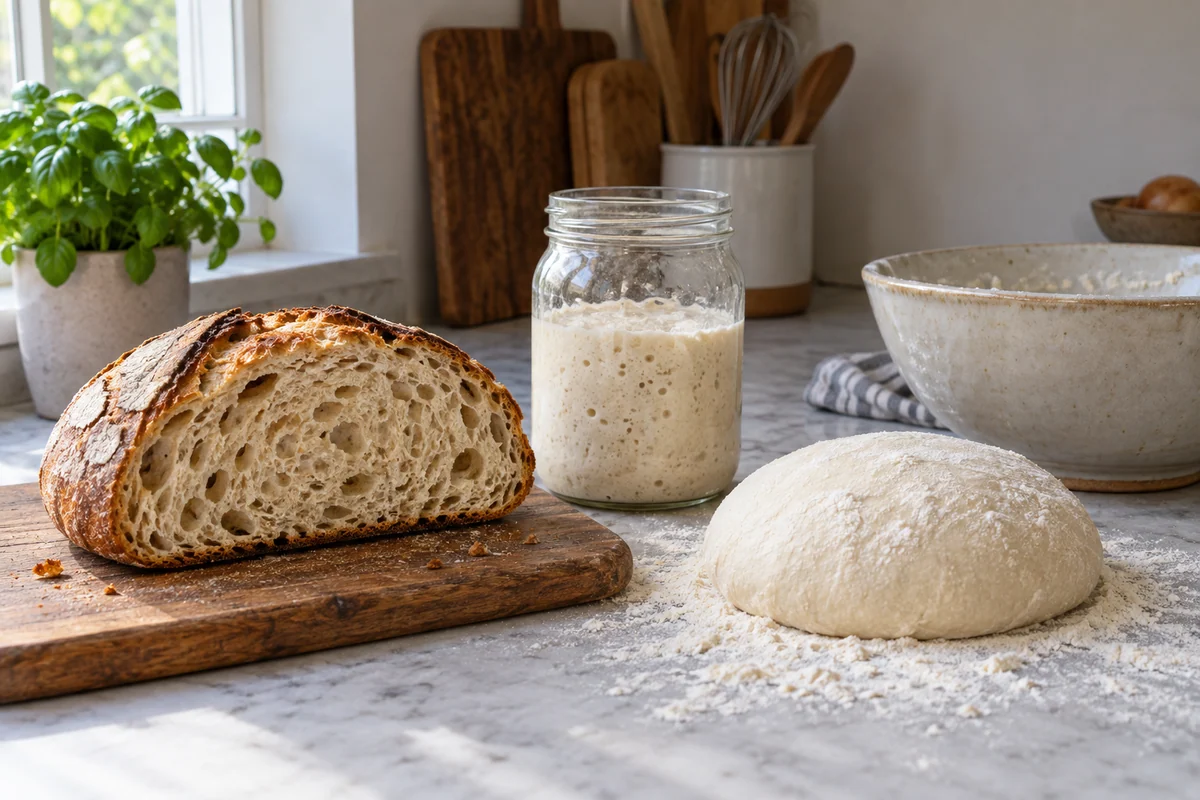 A cut sourdough loaf showing an open crumb beside a jar containing bubbly sourdough starter and a small mound of pale dough on a floured worktop.