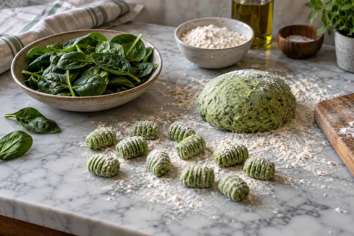 A handful of fresh spinach leaves in a shallow bowl beside green gnocchi dough and several uncooked green dumplings on a floured marble worktop.