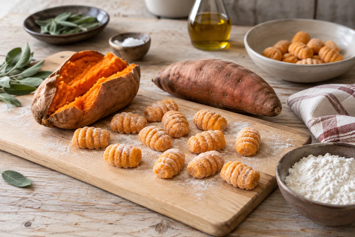 One orange sweet potato split open after baking with soft orange flesh, another whole sweet potato and several warm orange uncooked gnocchi on a pale wood board.