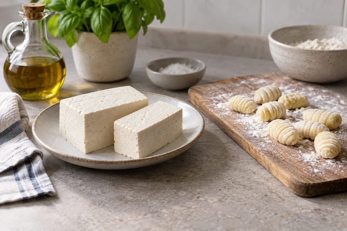A block of firm white tofu cut into two pieces on a small dish beside a few pale uncooked gnocchi on a separate lightly floured board.