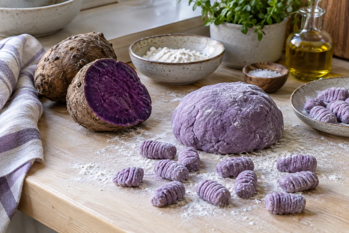 One true purple yam (ube) with rough brown skin cut open to show deep violet flesh beside a small mound of purple gnocchi dough on a pale wooden worktop.