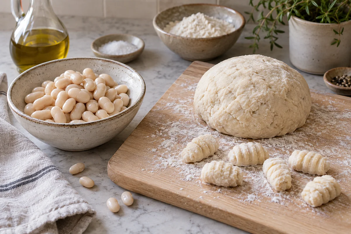 White cannellini beans in a ceramic bowl beside creamy-white bean gnocchi dough and a few uncooked dumplings on a pale maple board.
