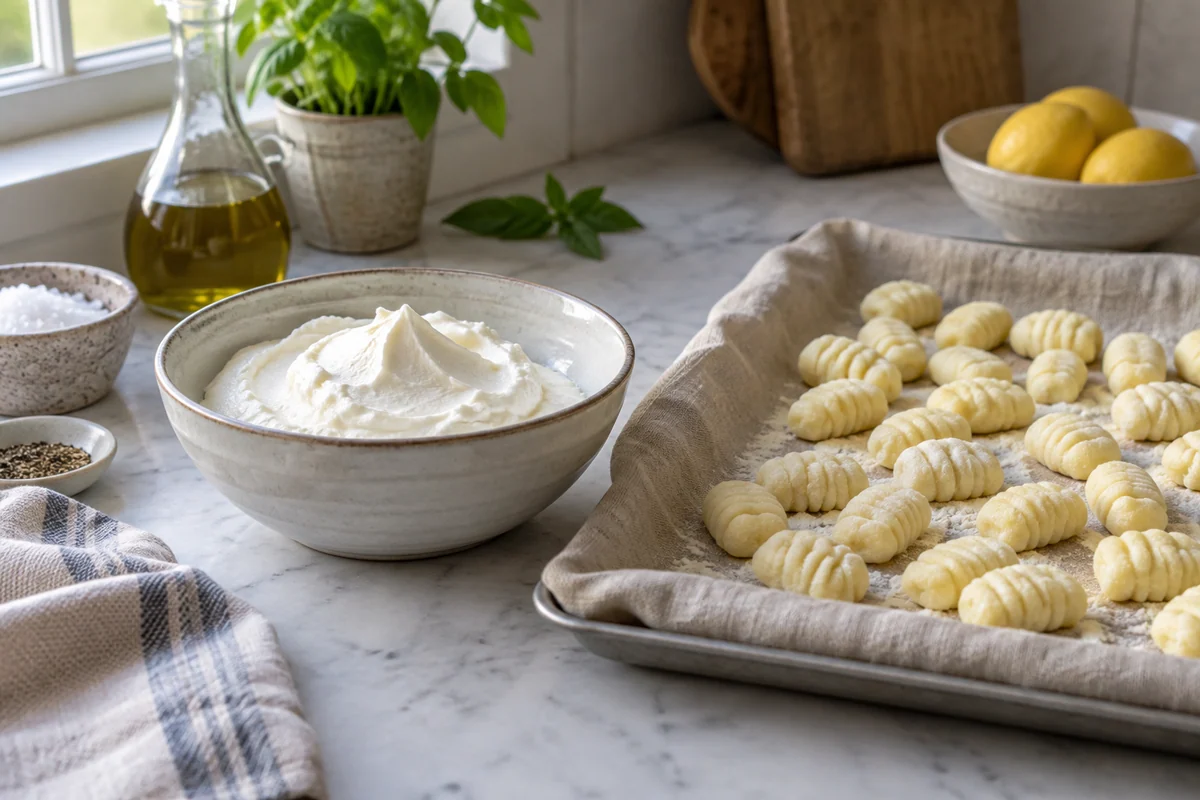 Thick plain strained yogurt holding a soft peak in a ceramic bowl beside pale uncooked gnocchi on a linen-lined tray, restrained dairy still life, cool morning window light.